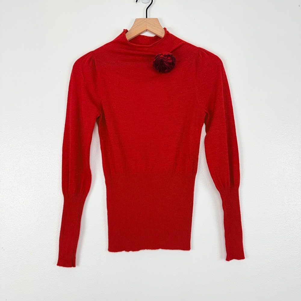 Anthropologie Moth Rosette Mock Neck Sweater Size S Red Wool Cashmere Blend - Picture 15 of 16
